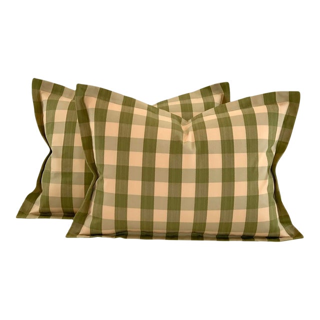 Designer Kravet Green Yellow Check Plaid Cottage Farmhouse French Country Pillow Covers- Pair For Sale