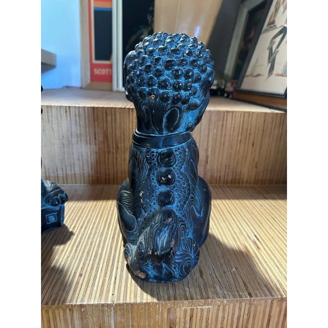 Black Mid 20th Century Black Glazed Terra Cotta Chinese Foo Dogs Lions- a Pair For Sale - Image 8 of 12