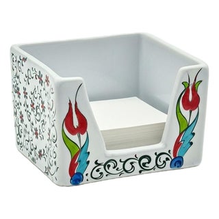 Handmade Ceramic Sticky Note Holder – Red Tulips & Spiral Vines – Iznik Desk Accessory For Sale