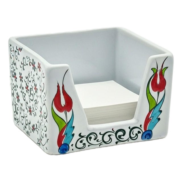 Handmade Ceramic Sticky Note Holder – Red Tulips & Spiral Vines – Iznik Desk Accessory For Sale