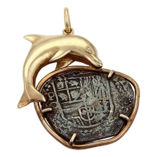 Antique Style Silver Coin 14k Yellow Gold Dolphin Pendant For Sale