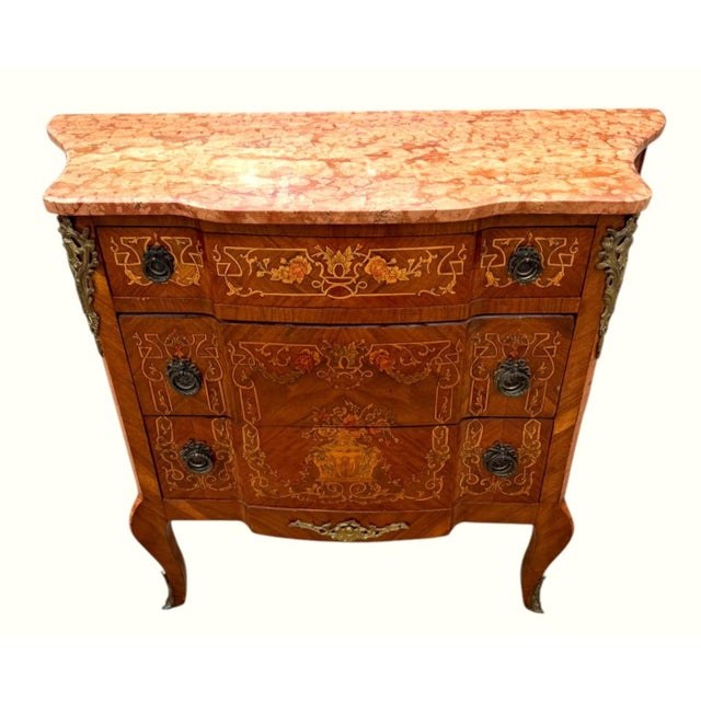 Vintage Louis XV Style Floral Marquetry Bombe Commode With Marble Top For Sale - Image 4 of 18