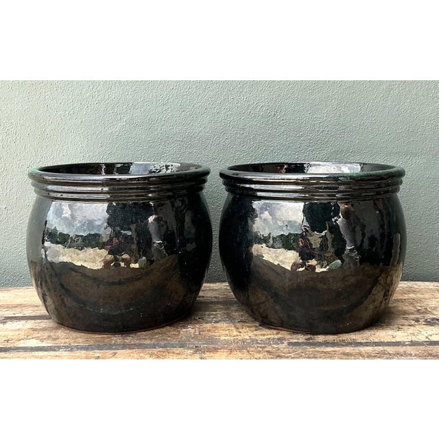 Vintage Ceramic Planters in Black Over Green Glaze - Set of 2 For Sale - Image 13 of 17