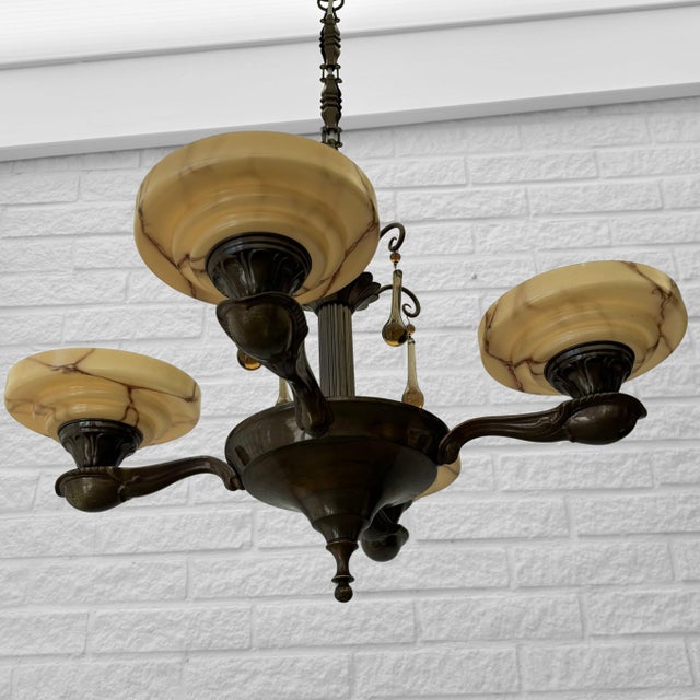 1930s Chandelier in Brass & Glass from Bröderna Malmströms Metallvarufabrik, Sweden, 1930s For Sale - Image 5 of 14