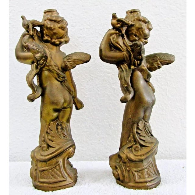 1920s Matched Pair of Antique Gold Cherub With Dove Cast Bronze Sculptures For Sale - Image 4 of 12