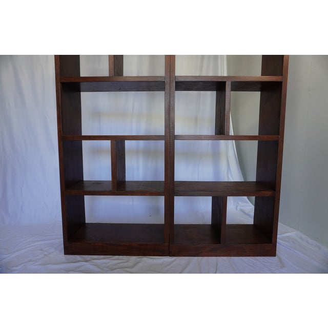 Handcrafted Solid Wood Bookcase Set | Custom Library Wall | Hickory Stain Bookshelf, 2 Pieces For Sale - Image 17 of 17