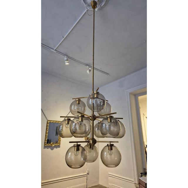 1970s Scandinavian Modern Chandelier in Brass and Grey Glass by Holger Johansson, 1970s For Sale - Image 5 of 17