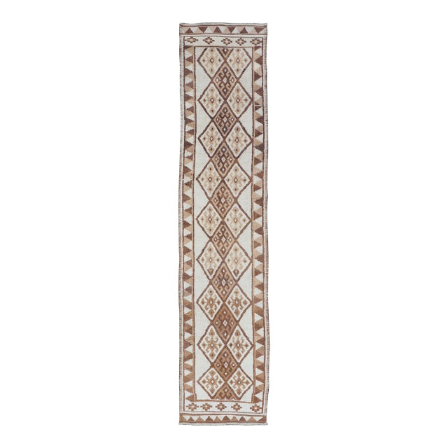 Vintage Turkish Tulu Runner With Ivory Field and Camel Diamond Pattern 2'8" X 13'6" For Sale