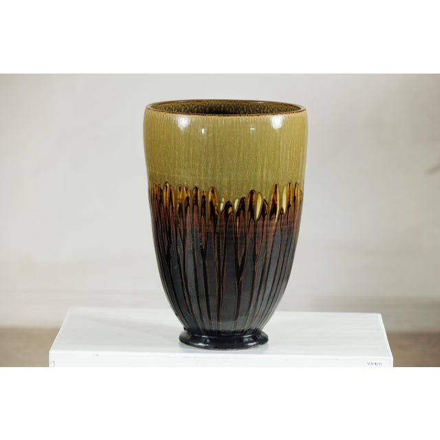 Late 20th Century Large Artisan Ceramic Planter with Olive and Brown Drip Glaze For Sale - Image 10 of 18
