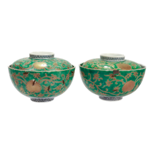 Pair of Antique Japanese/Chinese Gilt Imari Arita Porcelain Rice Bowls & Covers
