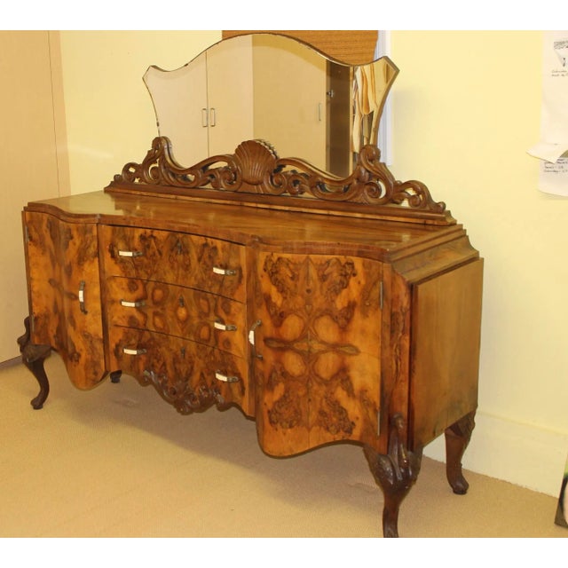 1930s European Art Deco Walnut Burl Sideboard With Carved Mirror For Sale - Image 12 of 12