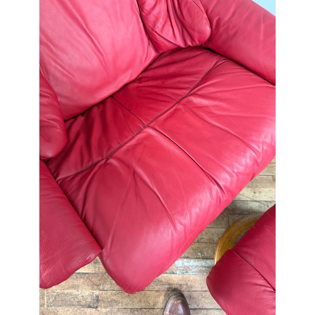 2010s Red Leather Ekornes Stressless Chair & Ottoman For Sale - Image 5 of 12