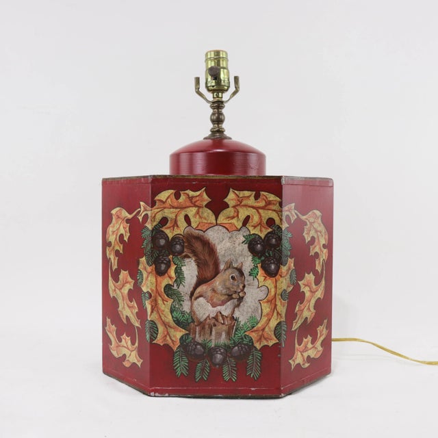 Neoclassical Vintage Colorful Hand-Painted Autumn Squirrel Hexagonal Tea Can Table Lamp For Sale - Image 3 of 11