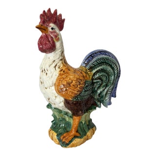 Vintage Ceramic Majolica Colorful Rooster Figure For Sale