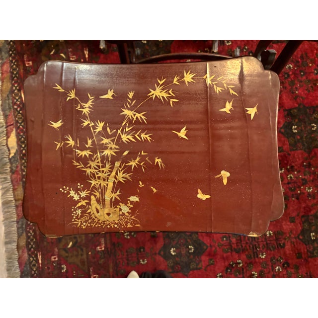 Paint 19th Century Chinese Export Red Lacquer Chinoiserie Nesting Tables – Set of Three, C. 1850–1890 [Sp] For Sale - Image 7 of 12