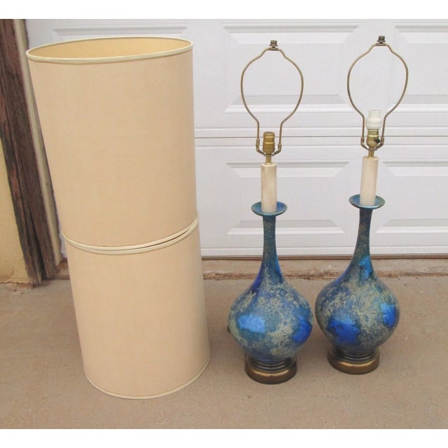 Mid 20th Century Helmut Bruchman Style Mid Century Modern Blue Glaze Ceramic Lamps - a Pair For Sale - Image 6 of 12