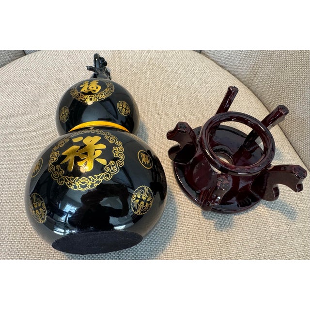 Gemstone Grand Scale Hand-Carved Gold Gilded Mount Taishan Black Jade "Hulu" Gourd For Sale - Image 7 of 9