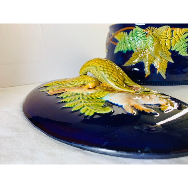 Mid 19th Century Antique Majolica Cobalt Blue Rabbit and Game Bird Tureen Dish With Lid by