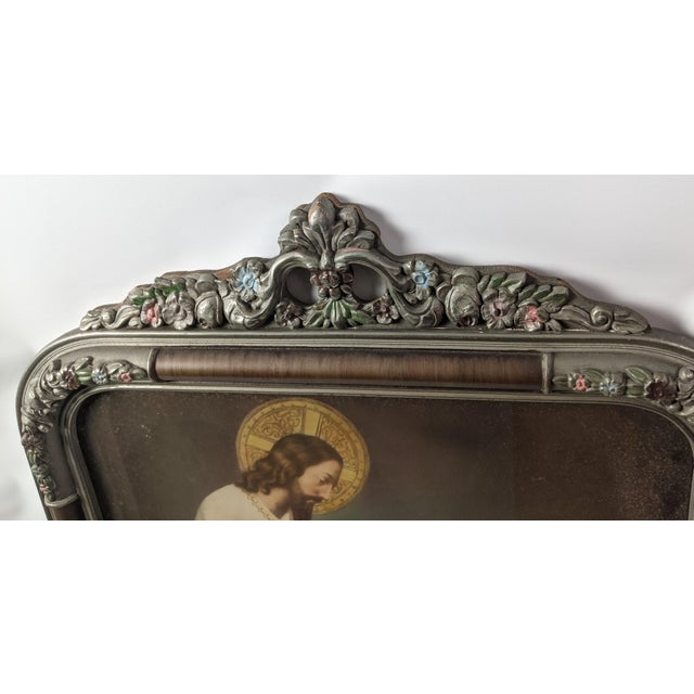 1938 First Communion Devotional Portrait in Ornate Silvered Polychrome Floral Frame For Sale - Image 9 of 13