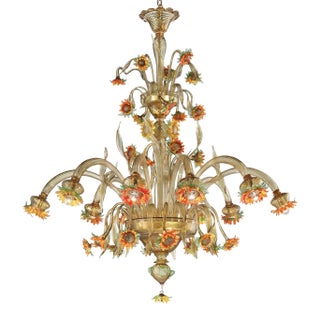 Venetian Scenographic "Sunflowers" Amber and Green Murano Glass Chandelier For Sale