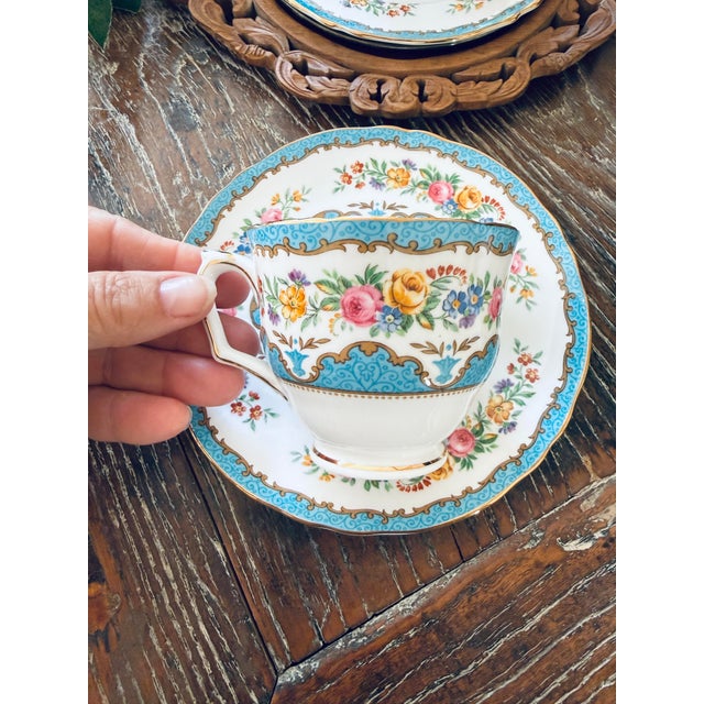 Sky Blue Vintage Crown Staffordshire Lyric Tunis Blue Fine Bone China Teacups & Saucers – 13 Pieces For Sale - Image 8 of 12