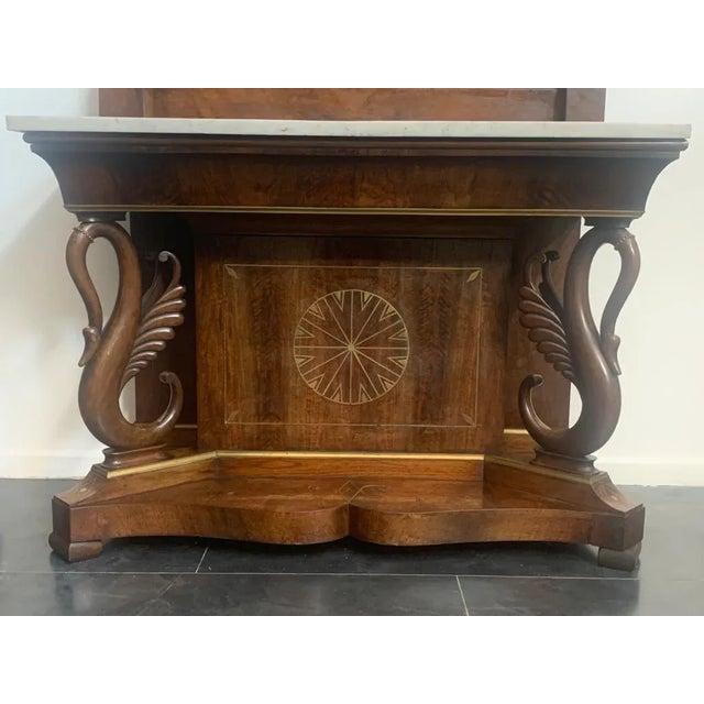 Brown Console & Mirror in Inlaid Walnut with Brass Hardware, Set of 2 For Sale - Image 8 of 17