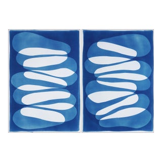 2025, Better Together, Post Minimalist Cyanotype Monotype Diptych, Abstract Organic Forms in White and Blue by Kind of Cyan For Sale
