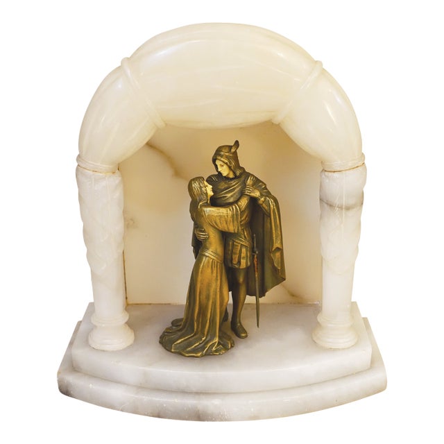 1920s Rare French Art Nouveau J. B. Hirsch Carved Alabaster Marble Bronze Table Lamp For Sale