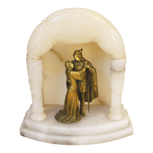 1920s Rare French Art Nouveau J. B. Hirsch Carved Alabaster Marble Bronze Table Lamp