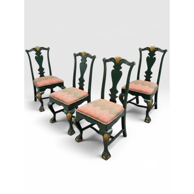 Four 19th Century Queen Anne Style Dark Green Painted Side Chairs. Very fine and rare set of 4 Queen Anne style side...