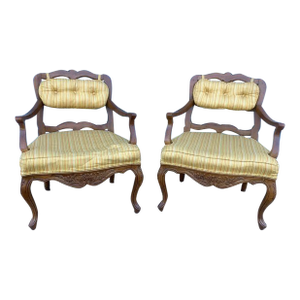 Pair of Vintage Louis XV French Country Style High Ladder Back Fruitwood Armchairs by Drexel.