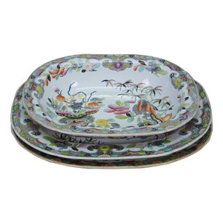 Antique Stephan Folch Ironstone Imari Bamboo & Basket China Serving Platters - Set of 3 For Sale