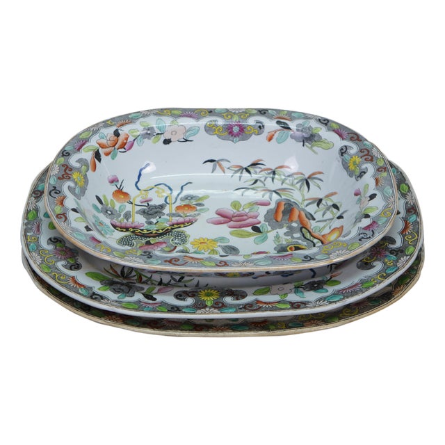 Antique Stephan Folch Ironstone Imari Bamboo & Basket China Serving Platters - Set of 3 For Sale