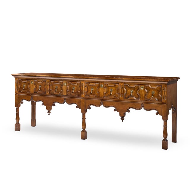 Jacobean Baker Furniture Jacobean Style Oak, Burlwood and Brass Console Table Credenza For Sale - Image 3 of 8