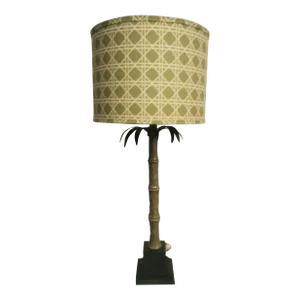 Vintage Palm Tree Faux Bamboo Tall Pale Green Crosshatch Green Shade Table Lamp