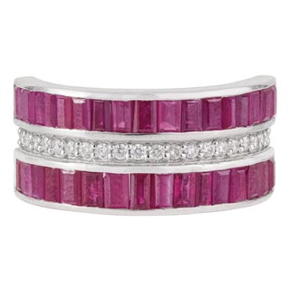 Art Deco Baguette Cut 3.16 Ct Ruby & Diamond Wide Anniversary Band Ring, Size 7 For Sale