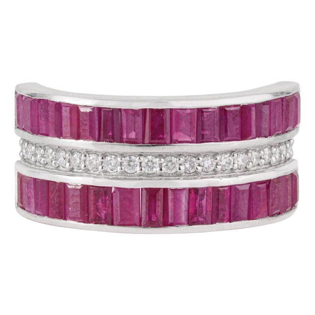 Art Deco Baguette Cut 3.16 Ct Ruby & Diamond Wide Anniversary Band Ring, Size 7 For Sale