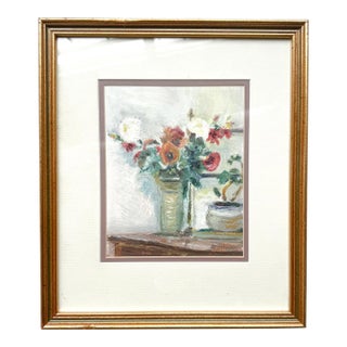Vintage Floral Still Life Oil Pastel by Emma Mackenzie: Scottish Art, Framed 13x15" For Sale