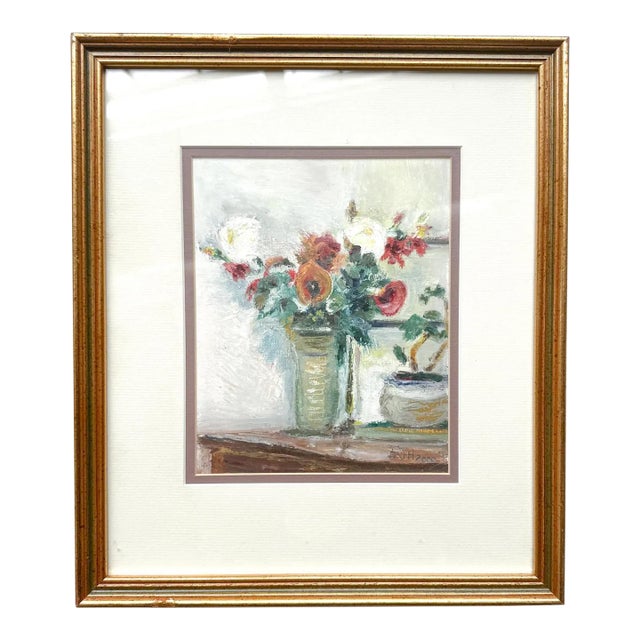 Vintage Floral Still Life Oil Pastel by Emma Mackenzie: Scottish Art, Framed 13x15" For Sale