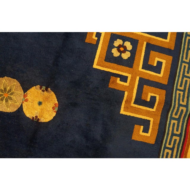 1920s Navy Blue Medallion Greek Key Antique Chinese Art Deco Knotted Rug For Sale In New York - Image 6 of 9