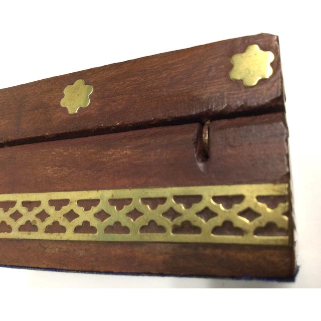 Vintage Inlaid Brass Over Wood Trinket Box Glass Painted Hinged Lid For Sale - Image 9 of 13