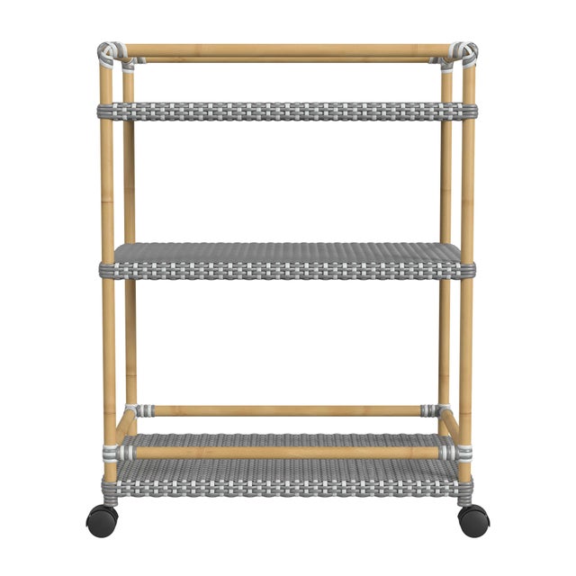 Spritely Home Accent Furniture Tobias 24 in. W Outdoor Rattan and Metal 3 Tier Bar Cart, Gray/White Dot / Natural Rattan Frame For Sale - Image 4 of 7