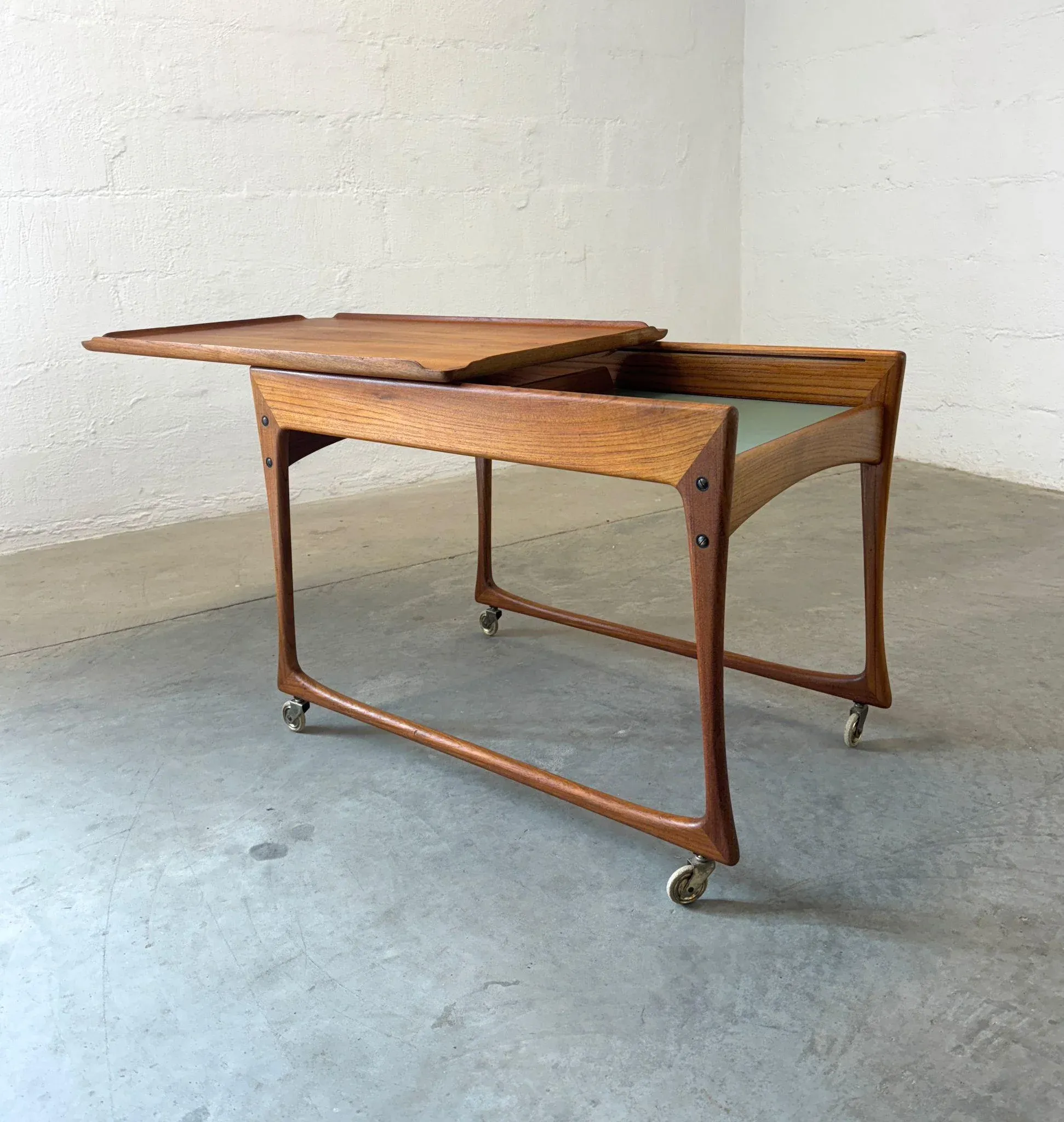 J. Ingvard Jensen Teak Rolling Bar Cart / Tea Cart With Sliding