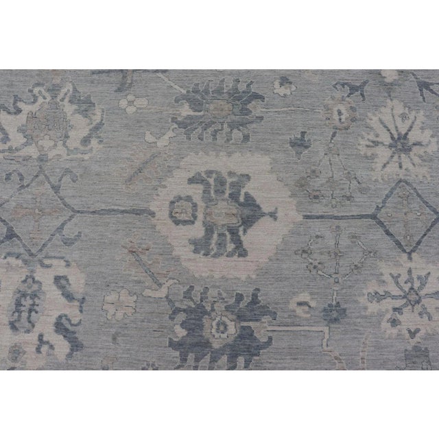 Blue Large Modern Oushak With Floral Motifs With Cream Grey Blue and Powder Blue For Sale - Image 8 of 12