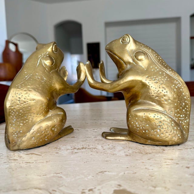 1960s Pair Vintage Brass Andrea by Sadek Frog Bookends Rare Mid Century Design VTG MCM For Sale - Image 5 of 9