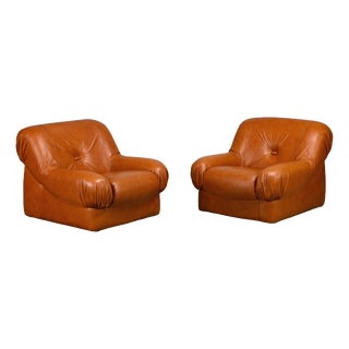 Cognac Leather Deposited Lounge Chairs by Rino Maturi for Mimo Padova, 1970s, Set of 2 For Sale