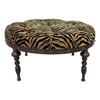 Vintage Tiger Print Tufted Ottoman For Sale
