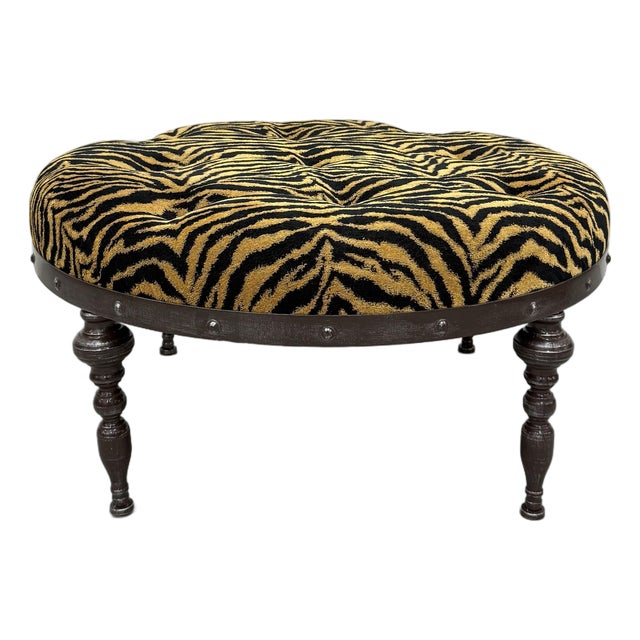 Vintage Tiger Print Tufted Ottoman For Sale
