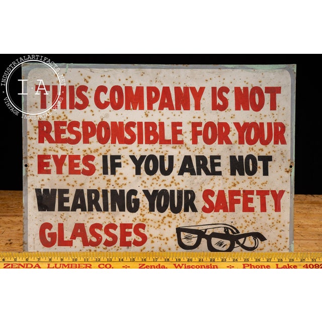Metal Vintage Hand-Painted Metal Industrial Workplace Safety Glasses Liability Sign For Sale - Image 7 of 7