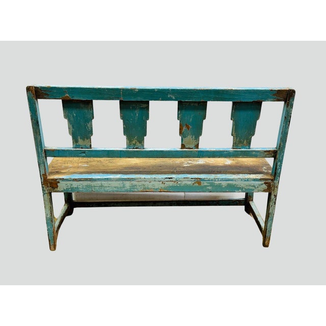 Early 20th Century Early 20th Century Rustic Distressed Blue Wooden Bench With Geometric Cutout Backrest For Sale - Image 5 of 8